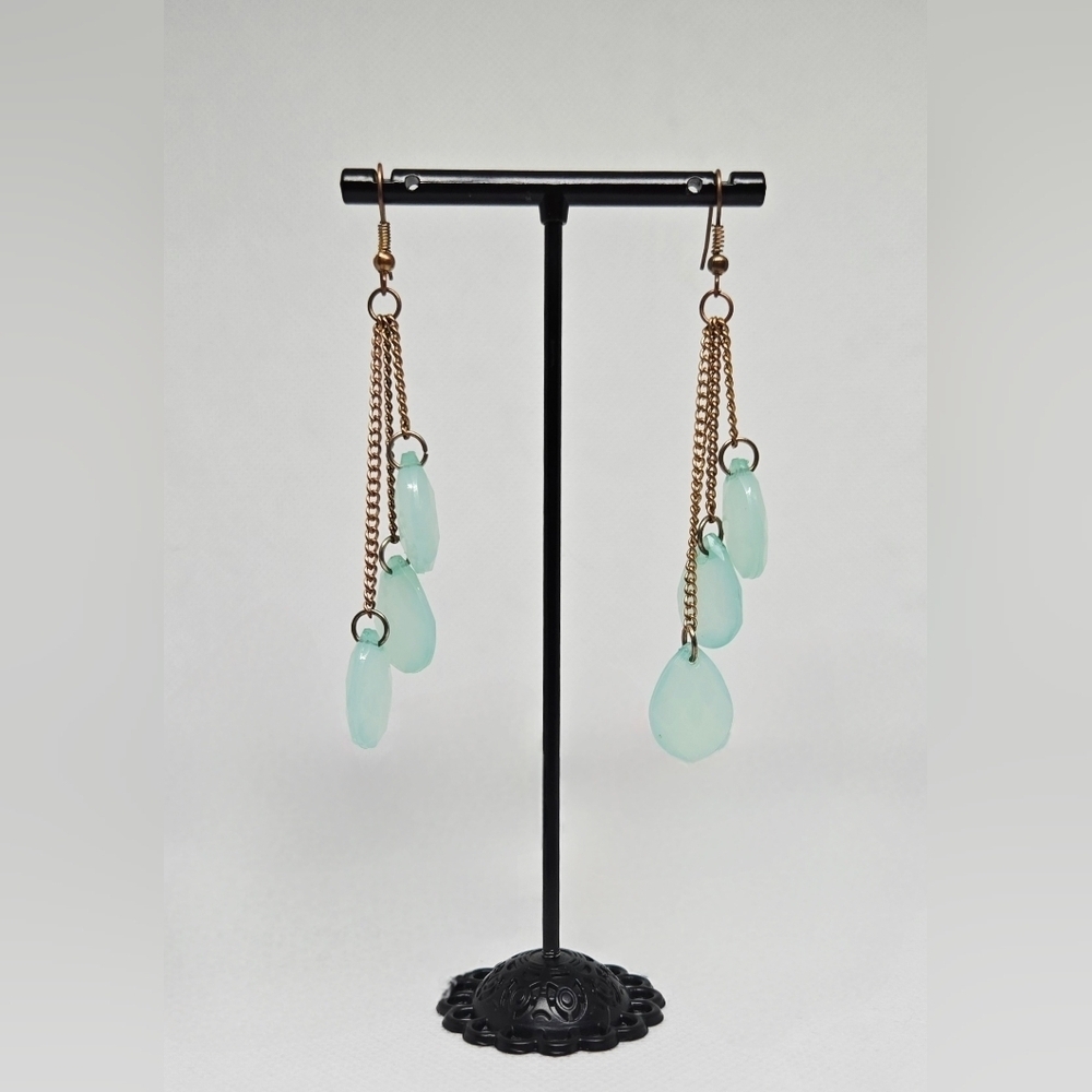 Bronze Chain Dangle Earrings Aqua Teardrop Beads Boho Style